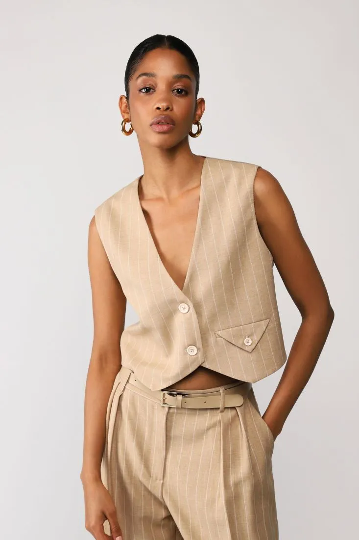 Gilet monopetto cropped a righe con taschino a filetto