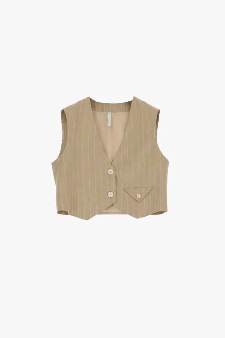 Gilet monopetto cropped a righe con taschino a filetto