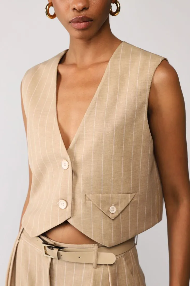 Gilet monopetto cropped a righe con taschino a filetto