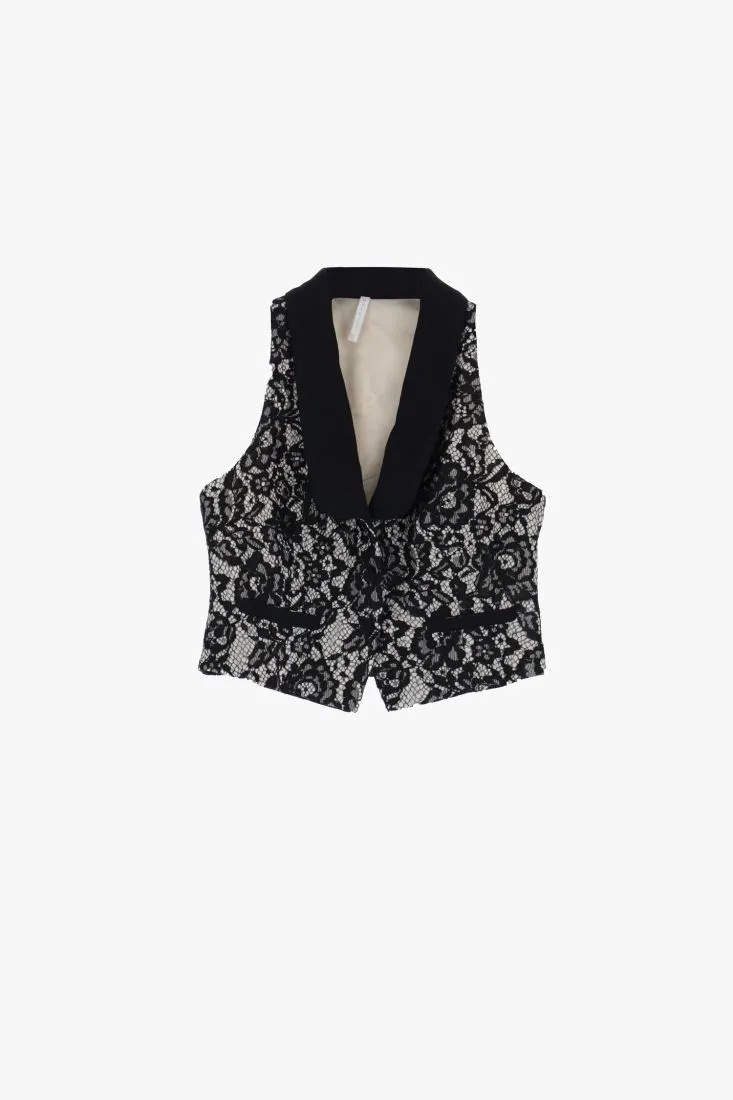 Gilet monopetto cropped effetto pizzo con rever a scialle