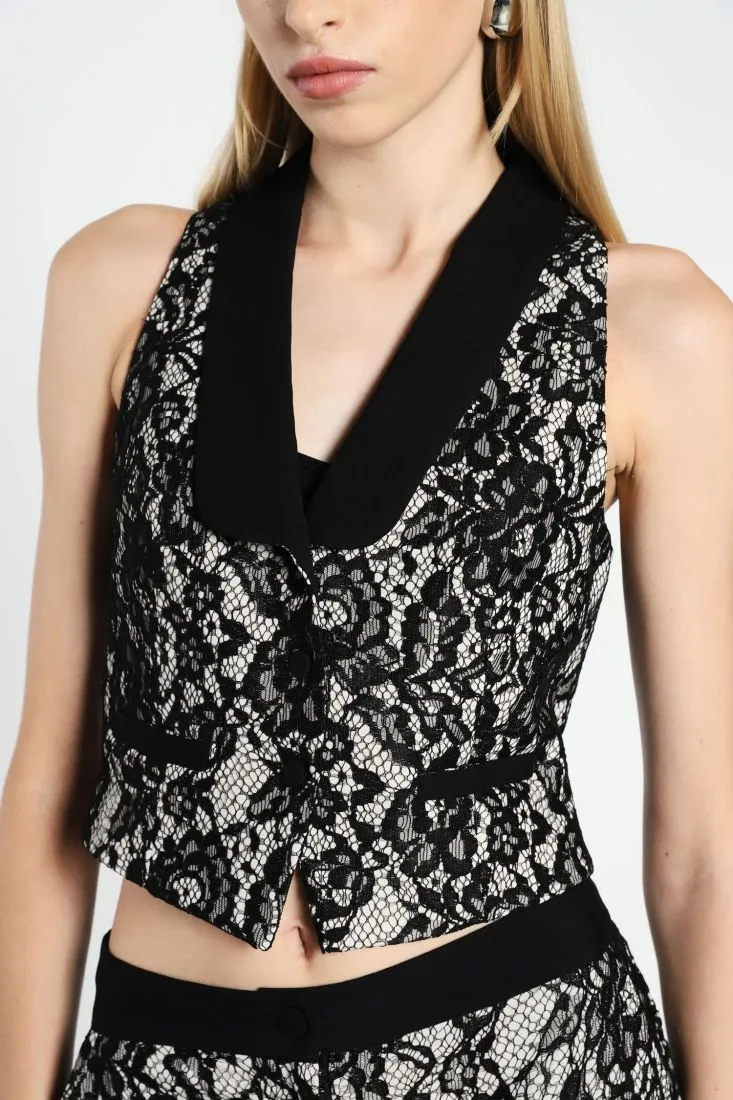 Gilet monopetto cropped effetto pizzo con rever a scialle