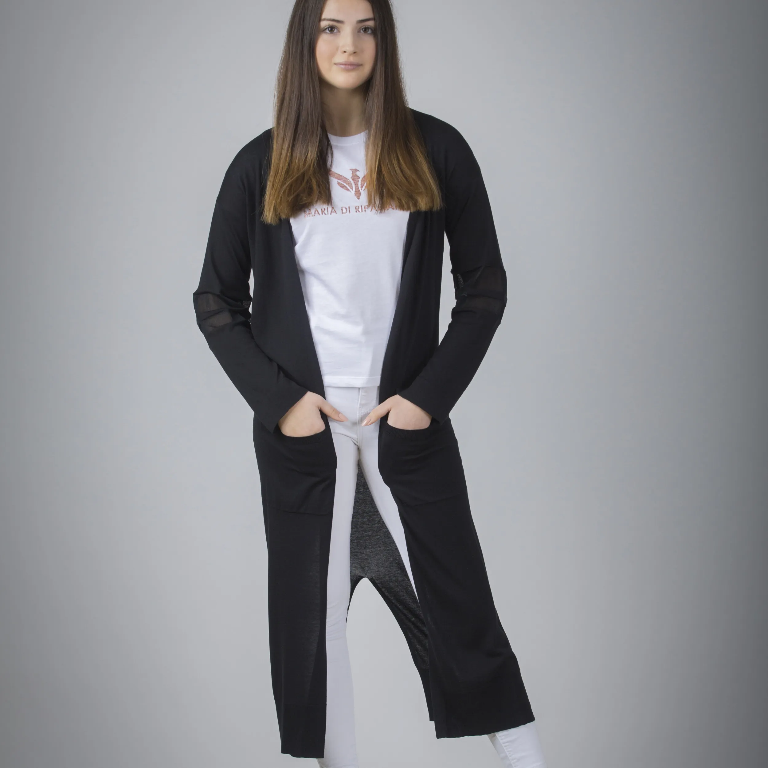 Maxi cardigan con dettagli trasparenti