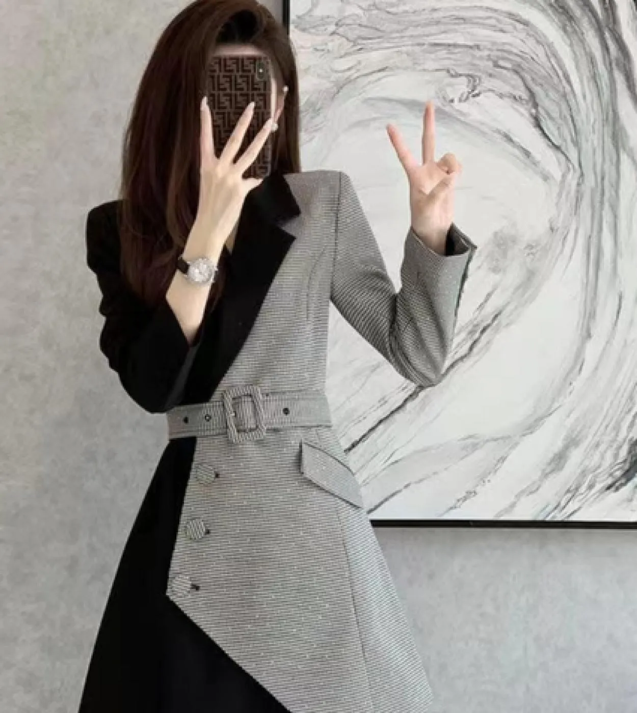 Nuovo autunno inverno finto in due pezzi cappotto a maniche lunghe scozzese cappotto donna patchwork tendenza giacca sportiva ab