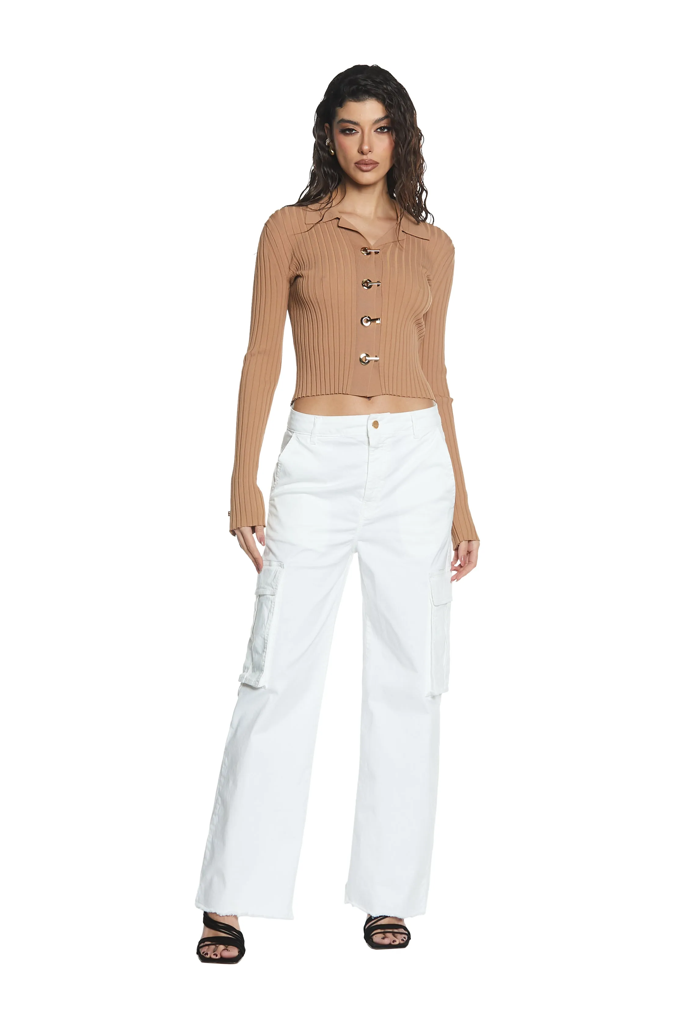 Panta TYRA_1 vita alta con fdo sfrangiato cargo fit gabardine
