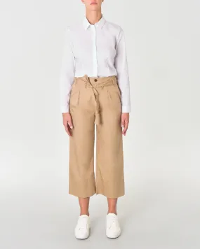 Pantaloni cropped color khaki in popeline di cotone con pinces in vita