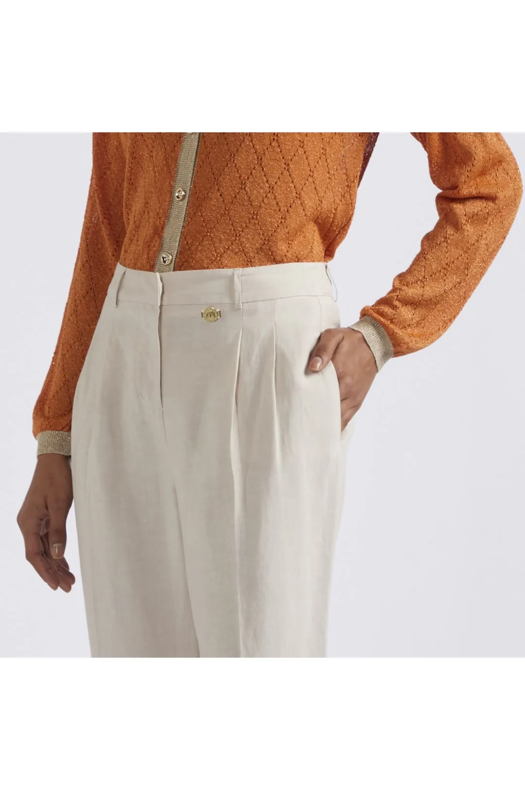 pantaloni cropped con risvolto in misto lino corda