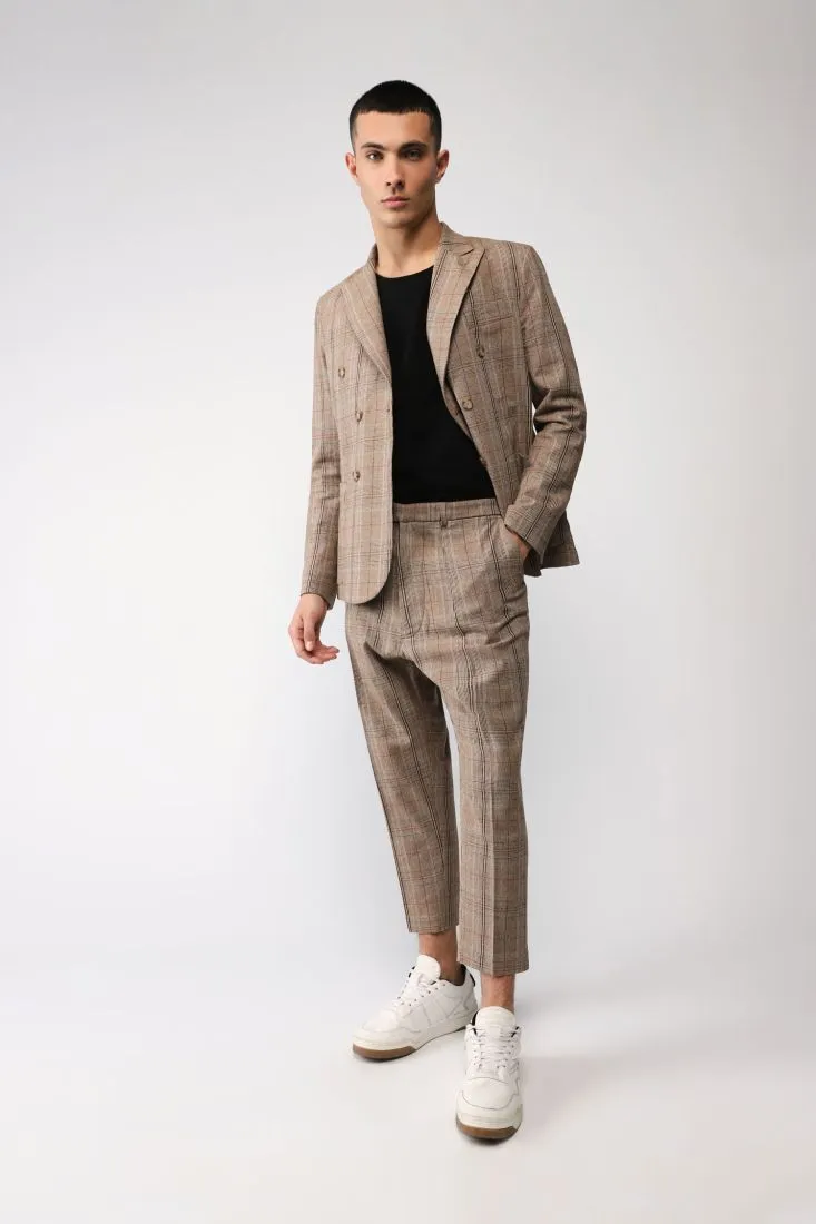 Pantaloni straight cropped a quadri con piega stirata