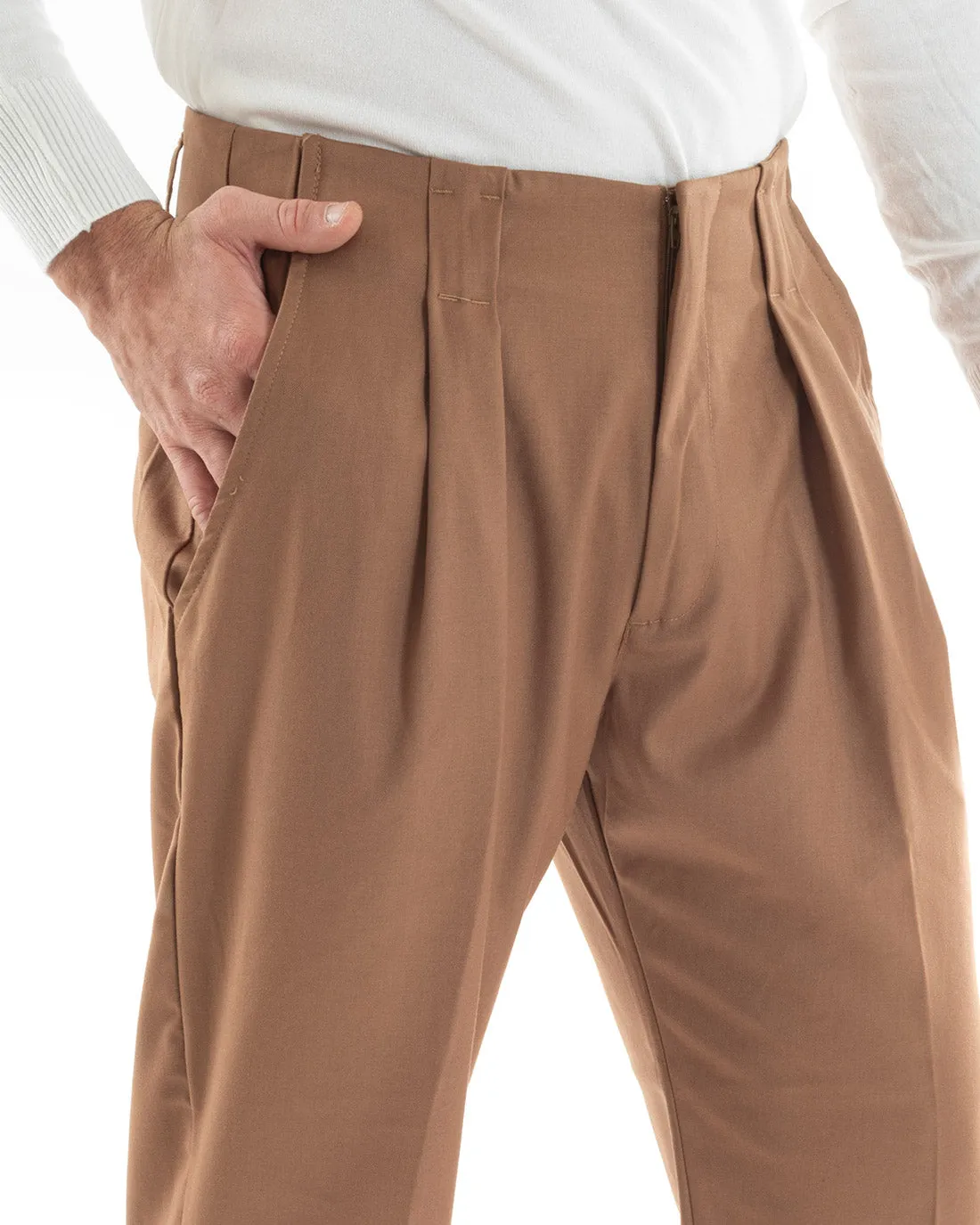 Pantaloni Uomo Lungo Pinces Classico Tinta Unita Camel Tasca America GIOSAL-P5560A