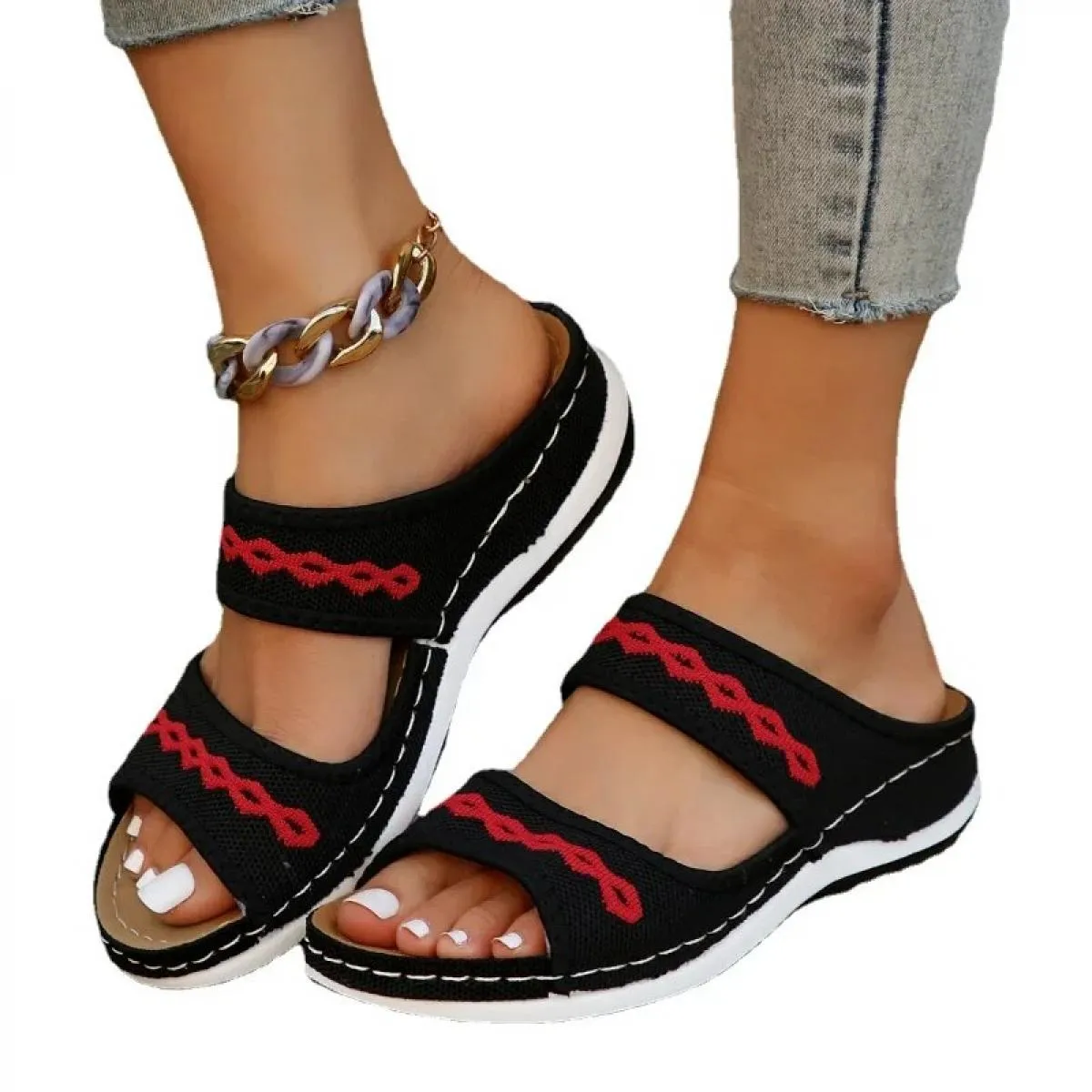 Pantofole da donna con zeppa di base Scarpe estive in mesh traspirante Pantofole con plateau retrò alla moda Scarpe casual da do