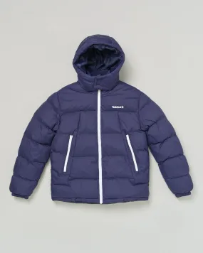 Piumino blu in nylon imbottito e trapuntato con cappuccio fisso e cerniere bianche 4-5 anni