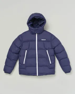 Piumino blu in nylon imbottito e trapuntato con cappuccio fisso e cerniere bianche 6-12 anni