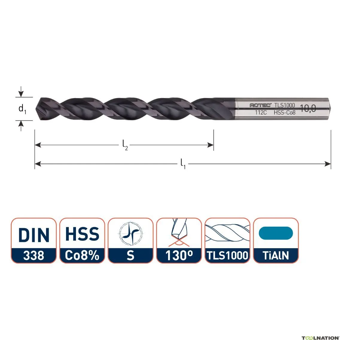 Rotec 112.0790C Punta elicoidale HSS-E, DIN338, tipo TLS1000, TiAlN, Ø7,9