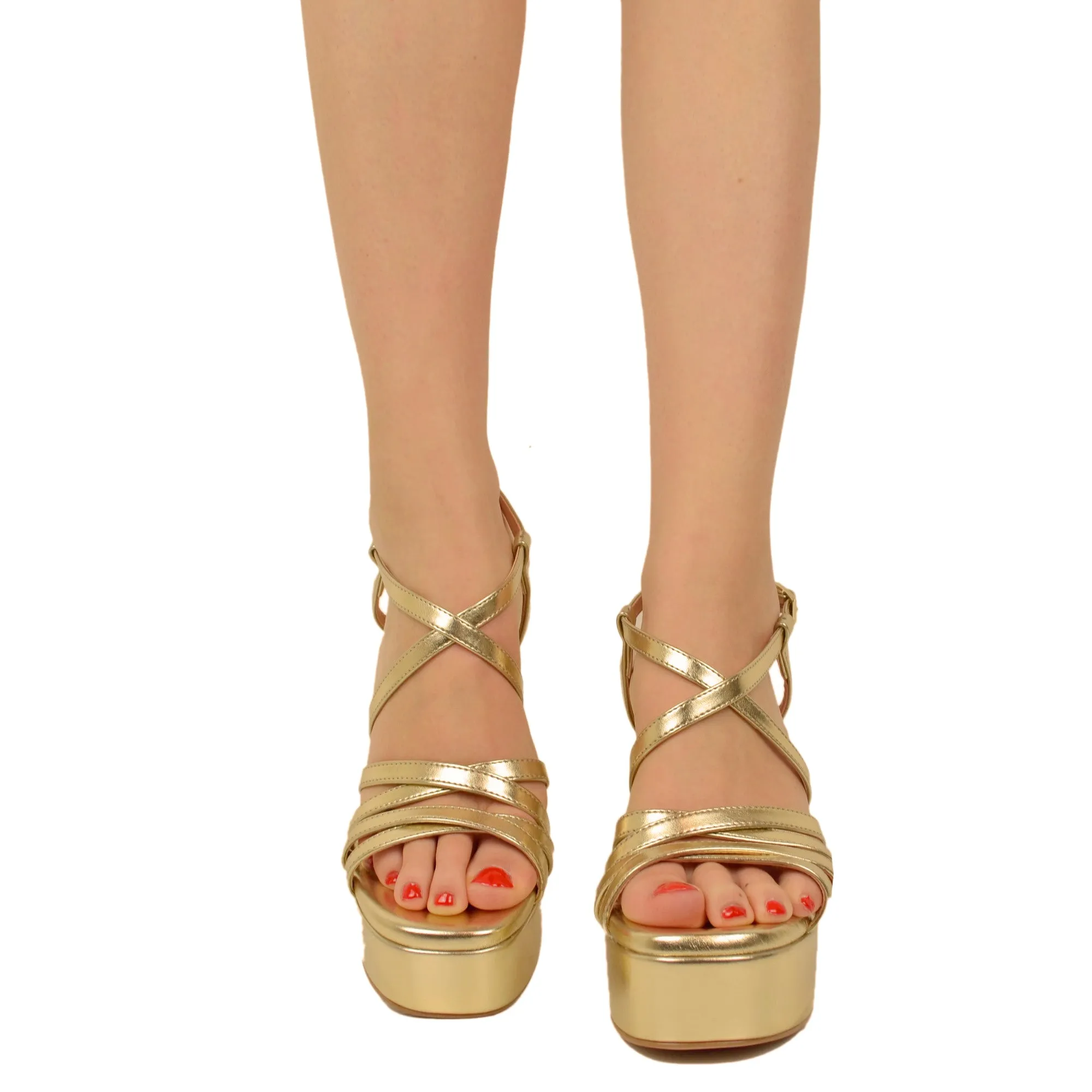 Sandali Donna Pelle color Platino con Tacco e Plateau Alto