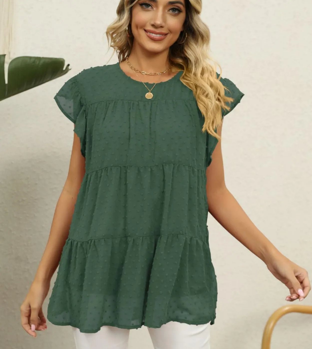 Summer Sweet Ruffle Layer Camicetta Moda Jacquard Donna Top O Collo Camicia Abbigliamento Casual Manica corta allentata 2023 Blu