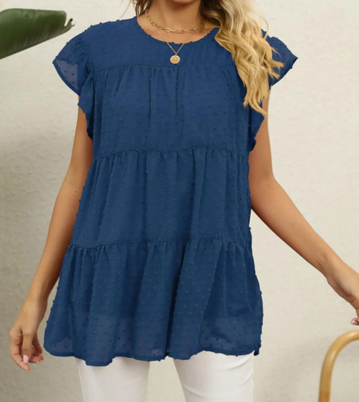 Summer Sweet Ruffle Layer Camicetta Moda Jacquard Donna Top O Collo Camicia Abbigliamento Casual Manica corta allentata 2023 Blu